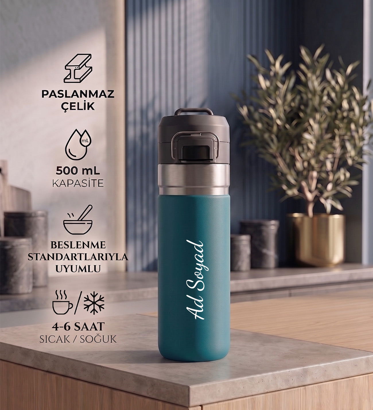 Askılı ve Kilitli Paslanmaz Çelik Termos - 500 mL
