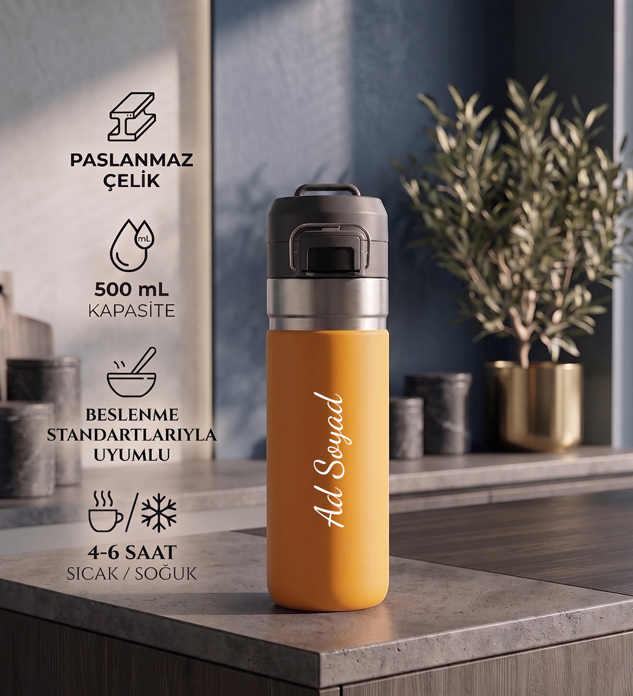 Askılı ve Kilitli Paslanmaz Çelik Termos - 500 mL