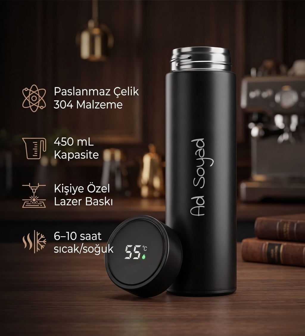 Kişiye Özel İsim Baskılı Siyah Dereceli Hediyelik Çelik Termos 450 ml