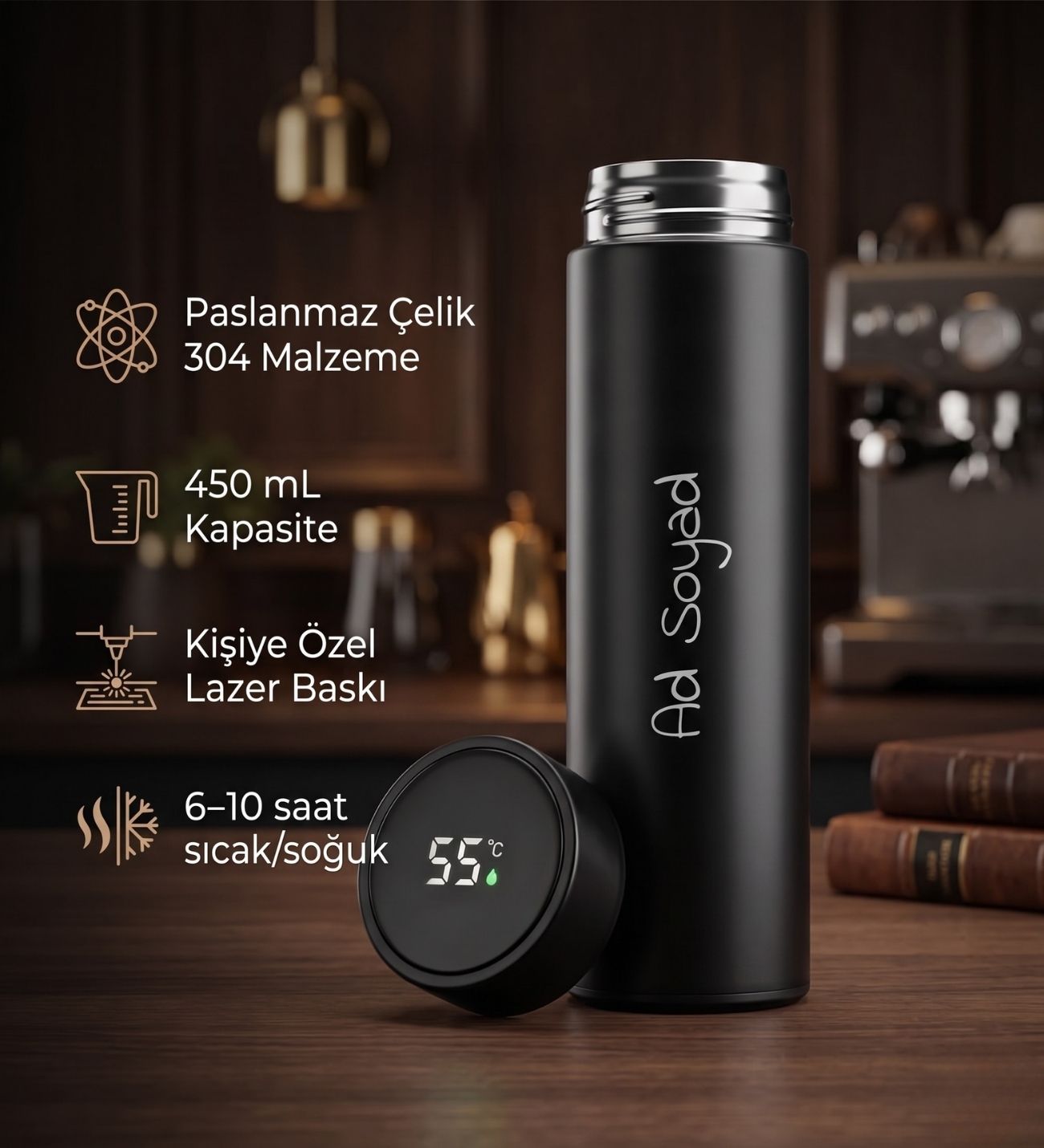 Kişiye Özel İsim Baskılı Siyah Dereceli Hediyelik Çelik Termos 450 ml