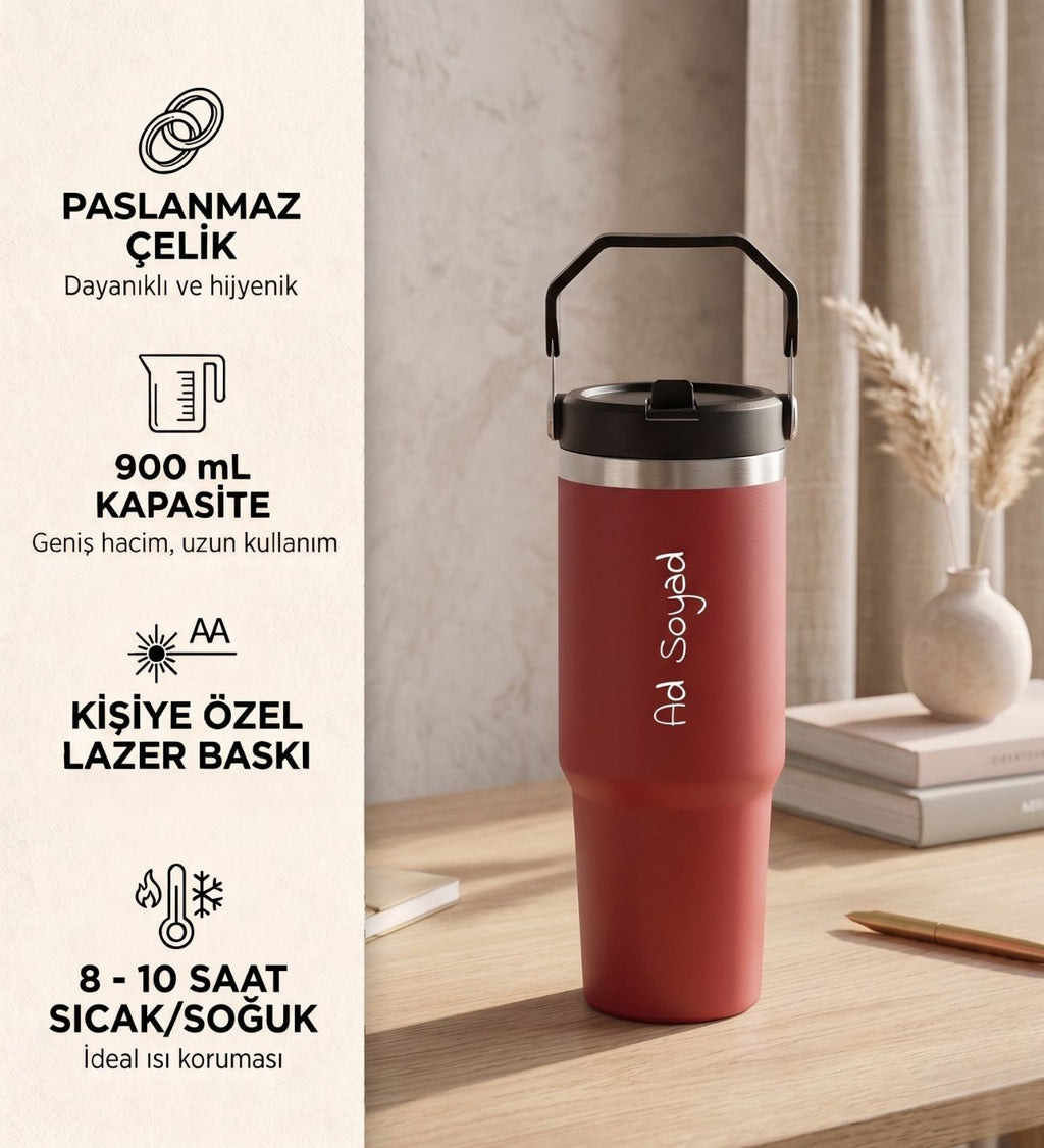 Kişiye Özel İsim Baskılı Pipetli Büyük Hediyelik Çelik Termos 900 ml