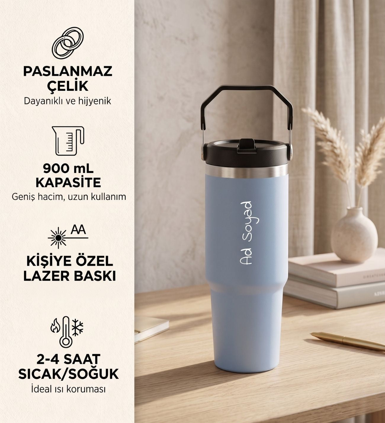 Kişiye Özel İsim Baskılı Pipetli Büyük Hediyelik Çelik Termos 900 ml