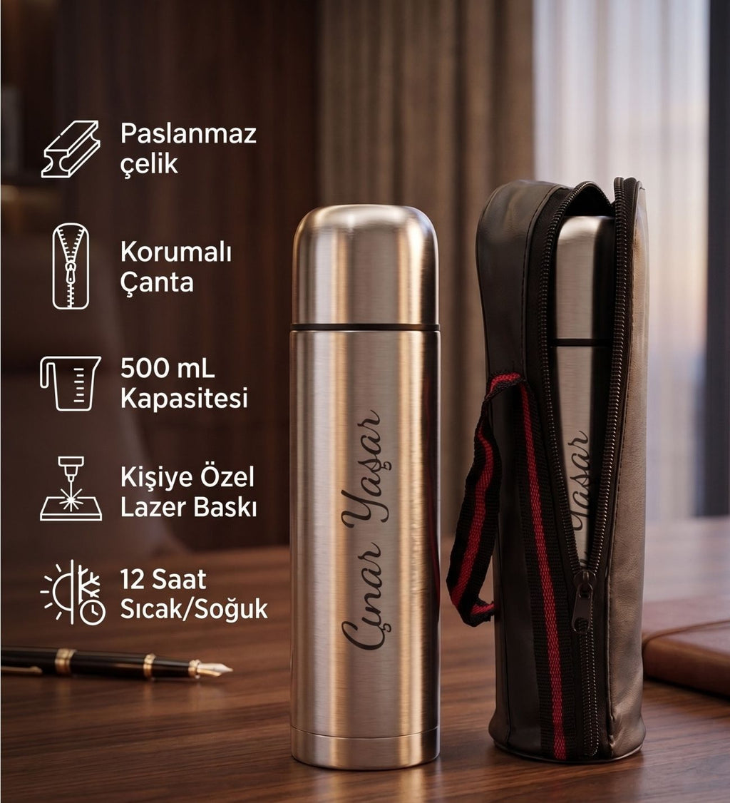 Kişiye Özel İsim Baskılı Paslanmaz Çelik Termos 500 ml – Hediyelik Çantalı Sıcak Soğuk Tutucu