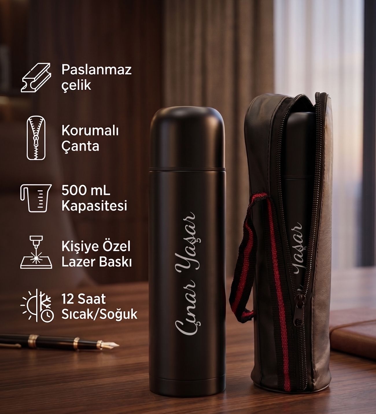 Kişiye Özel İsim Baskılı Paslanmaz Çelik Termos 500 ml – Hediyelik Çantalı Sıcak Soğuk Tutucu
