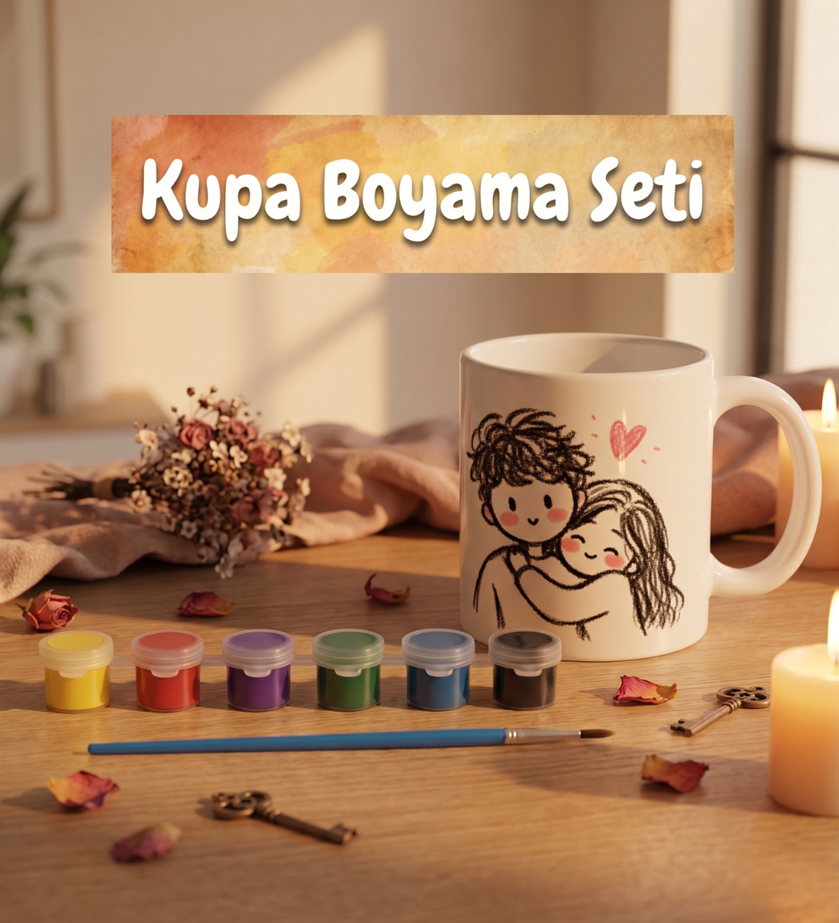 Çiftlere Özel Kupa Bardak Boyama Seti – Kendin Tasarla Şablonsuz Seramik Kupa