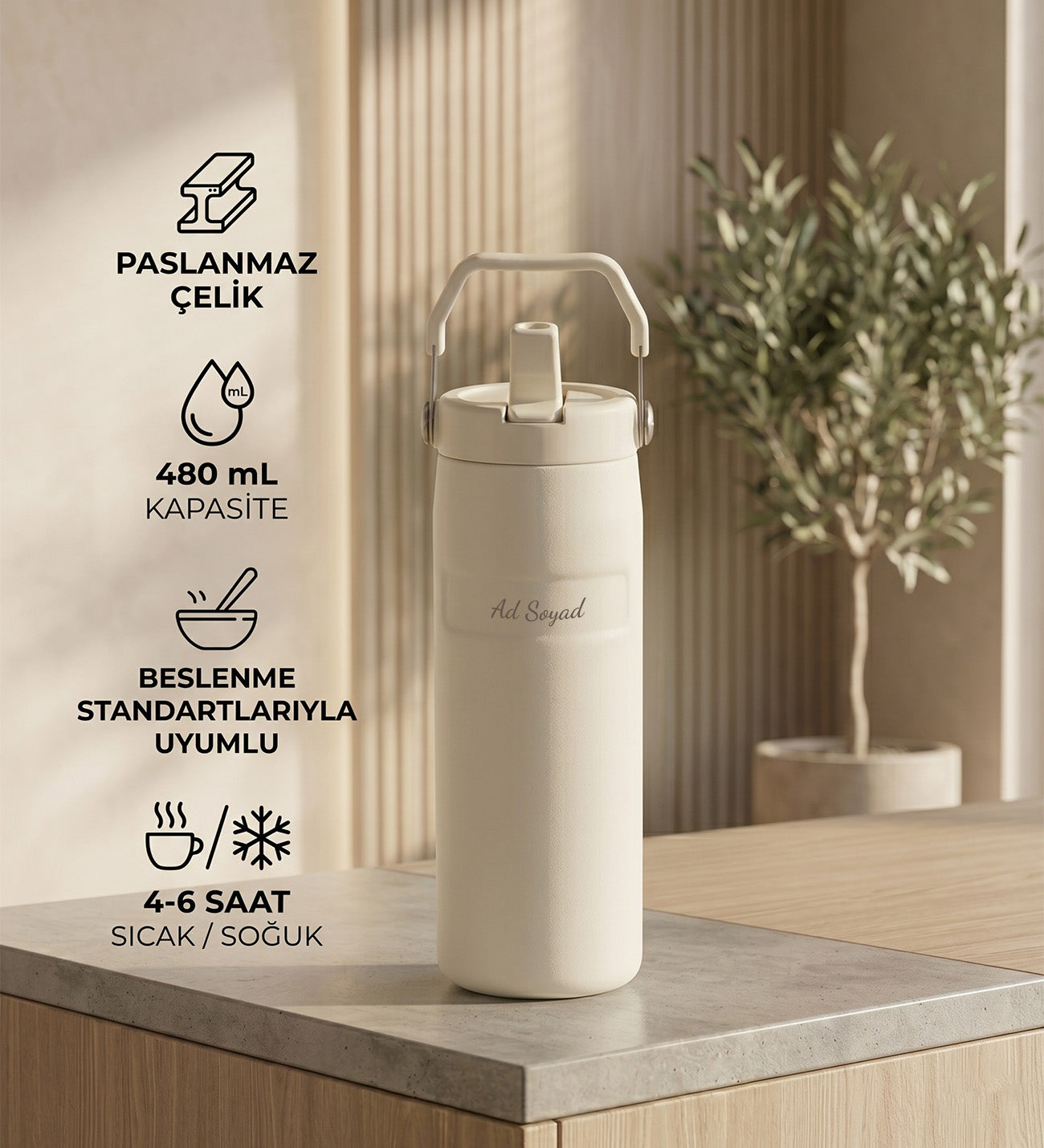 Kişiye Özel İsim Baskılı Pipetli Kulplu Hediyelik Paslanmaz Çelik Termos Mug 480 ml