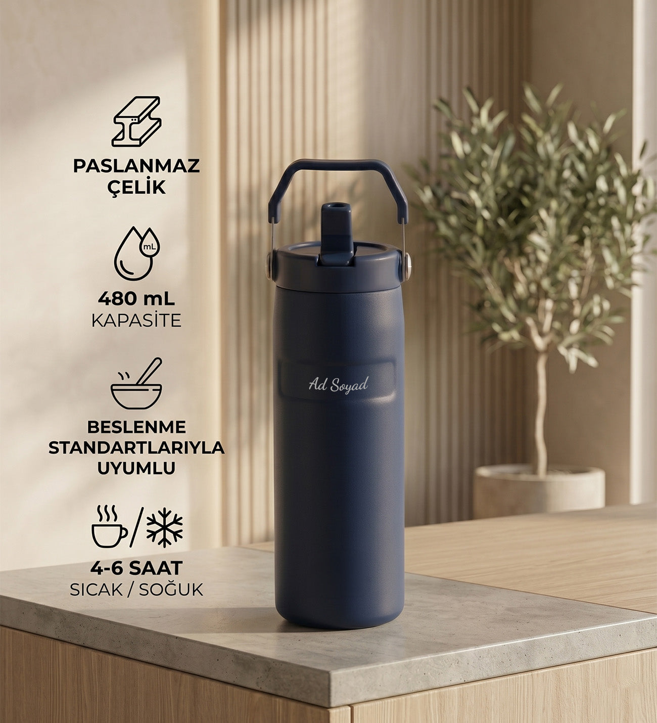 Kişiye Özel İsim Baskılı Pipetli Kulplu Hediyelik Paslanmaz Çelik Termos Mug 480 ml