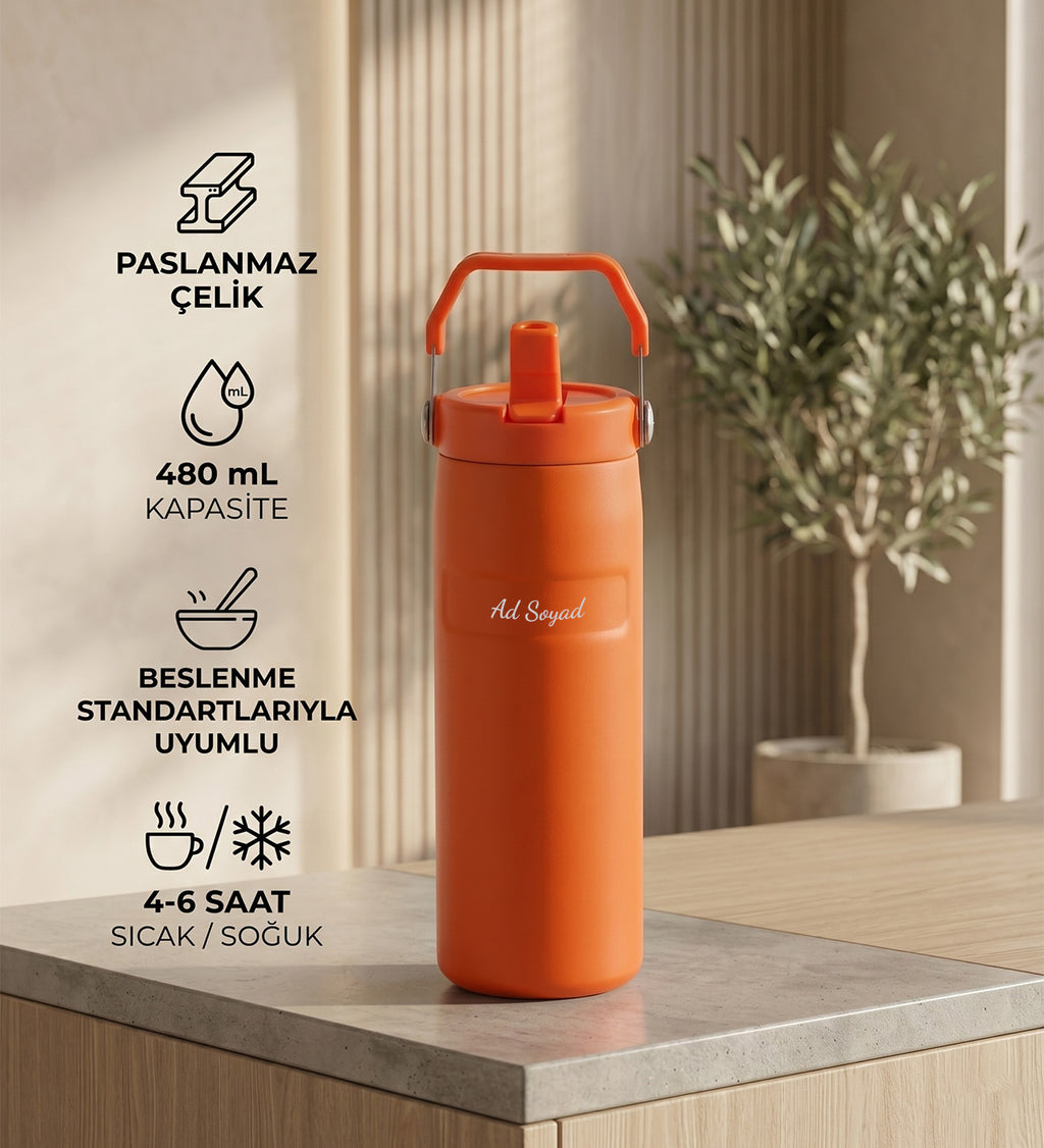 Kişiye Özel İsim Baskılı Pipetli Kulplu Hediyelik Paslanmaz Çelik Termos Mug 480 ml