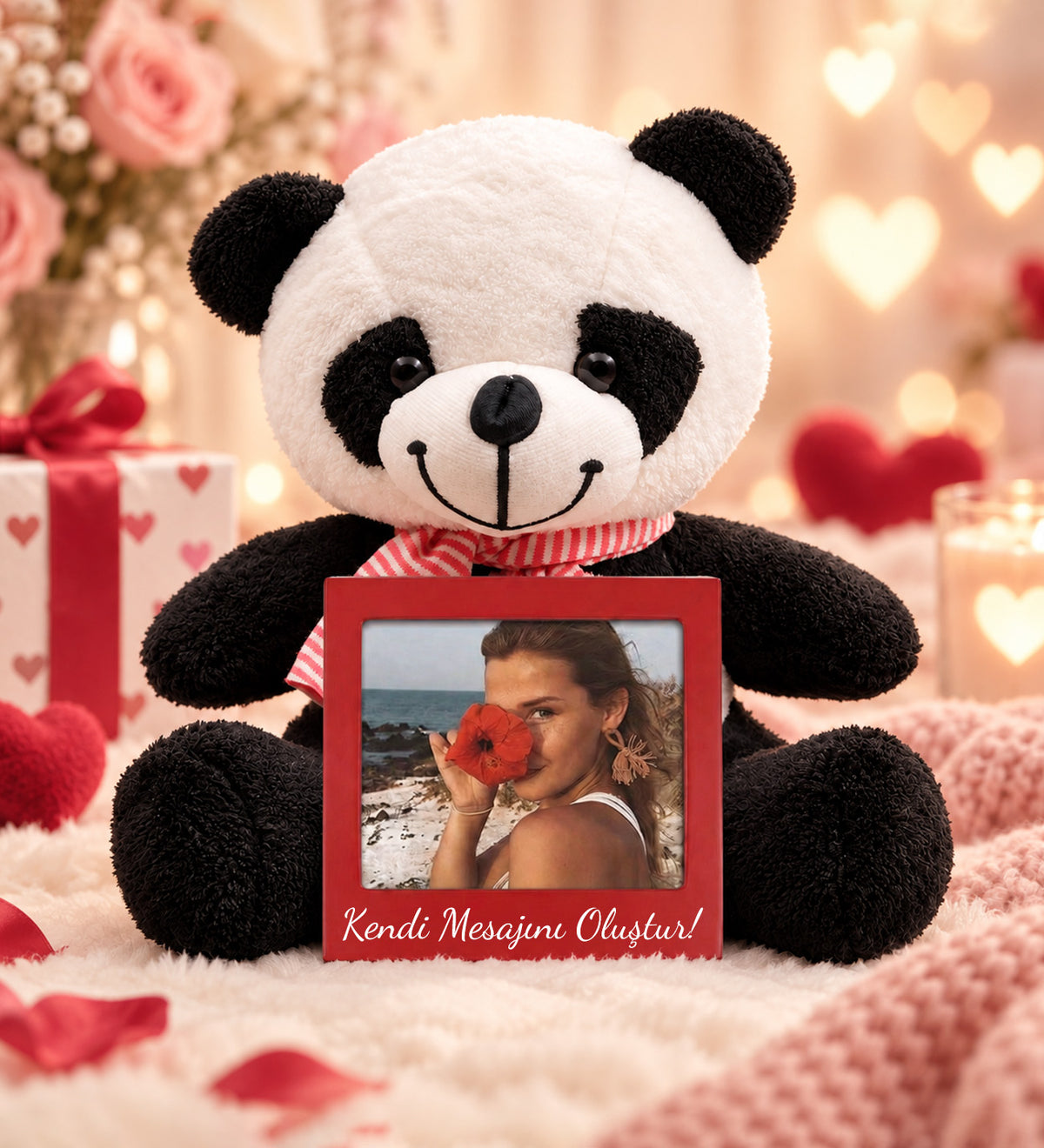 Tatlı Peluş Panda & Kişiye Özel Fotoğraf Çerçevesi Hediye Seti