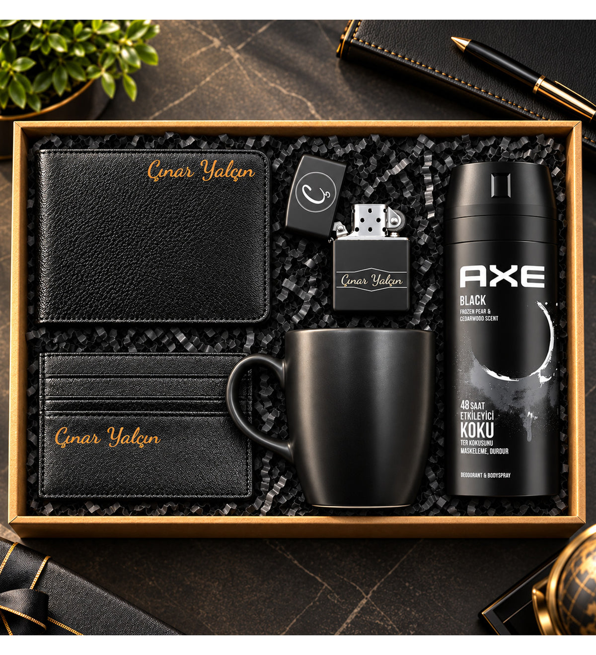 Kişiye Özel Benzinli Çakmak & Axe Deodorant & Erkek Cüzdan & Kartlık & Siyah Kupa Hediye Seti