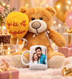 İyi ki Doğdun Yazılı Balonlu Peluş Ayıcık & Kişiye Özel Fotoğraf Baskılı Kupa Hediye Seti