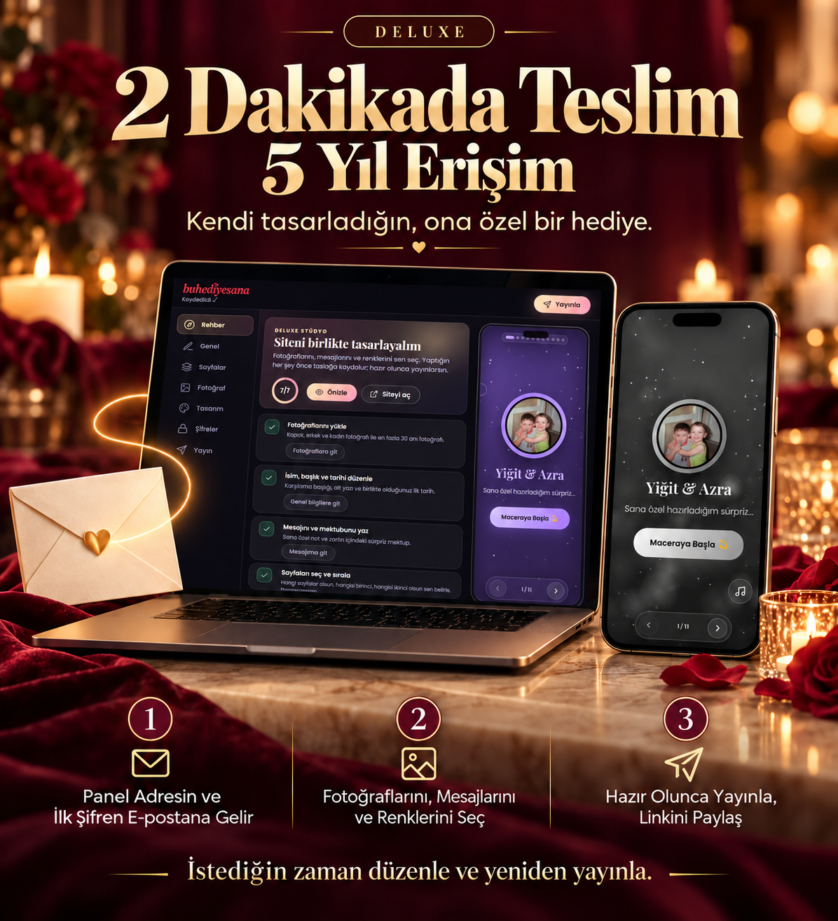 Sevgiliye Deluxe Yönetici Panelli Dijital Hatıra Sayfası – Kendin Tasarla, İstediğin Zaman Güncelle | Kişiye Özel Web Sitesi Hediyesi