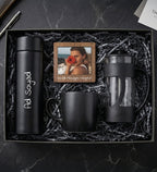 Kişiye Özel 450mL Dereceli Termos & Ahşap Çerçeve & French Press & Siyah Kupa Hediye Seti