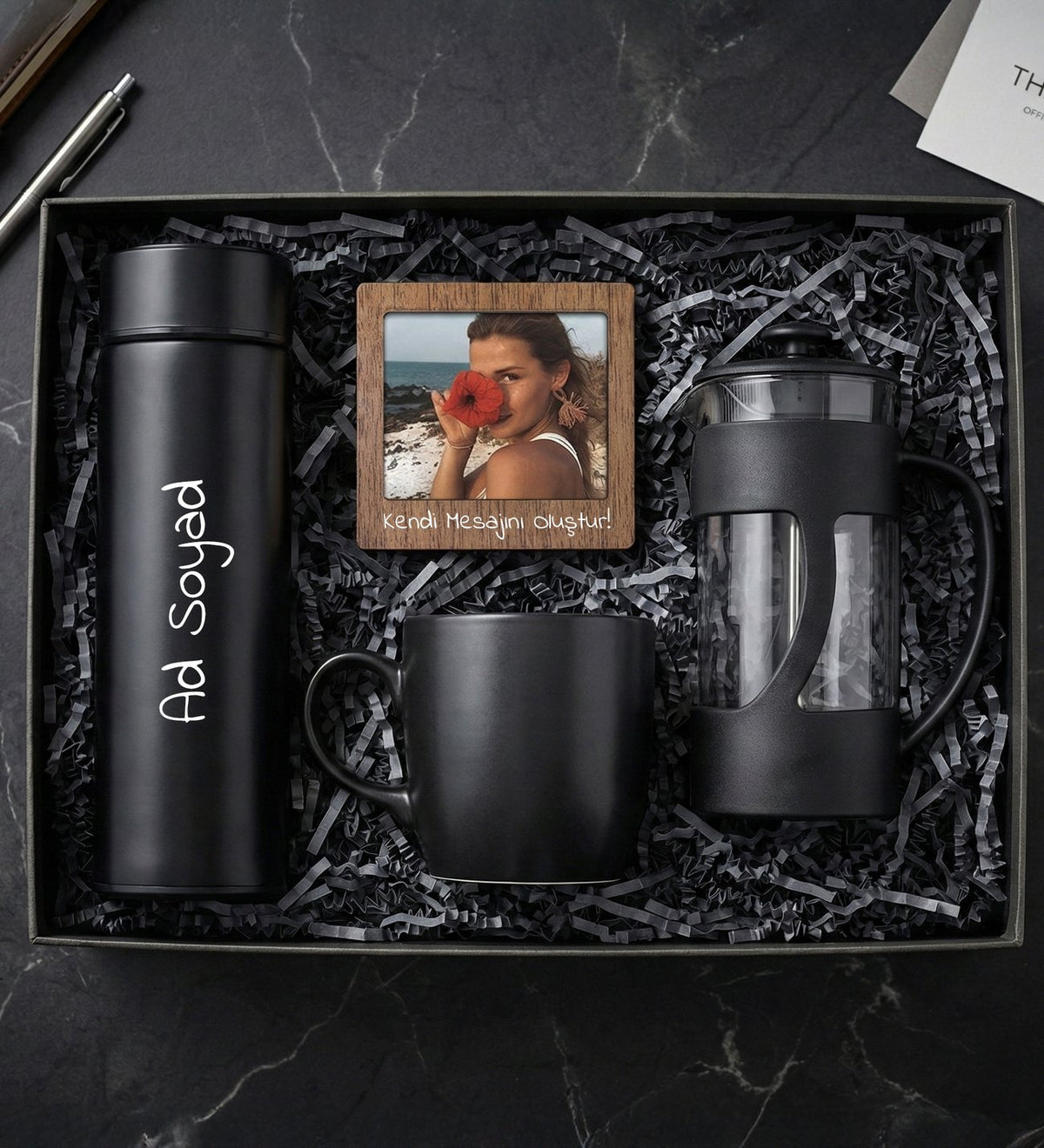 Kişiye Özel 450mL Dereceli Termos & Ahşap Çerçeve & French Press & Siyah Kupa Hediye Seti