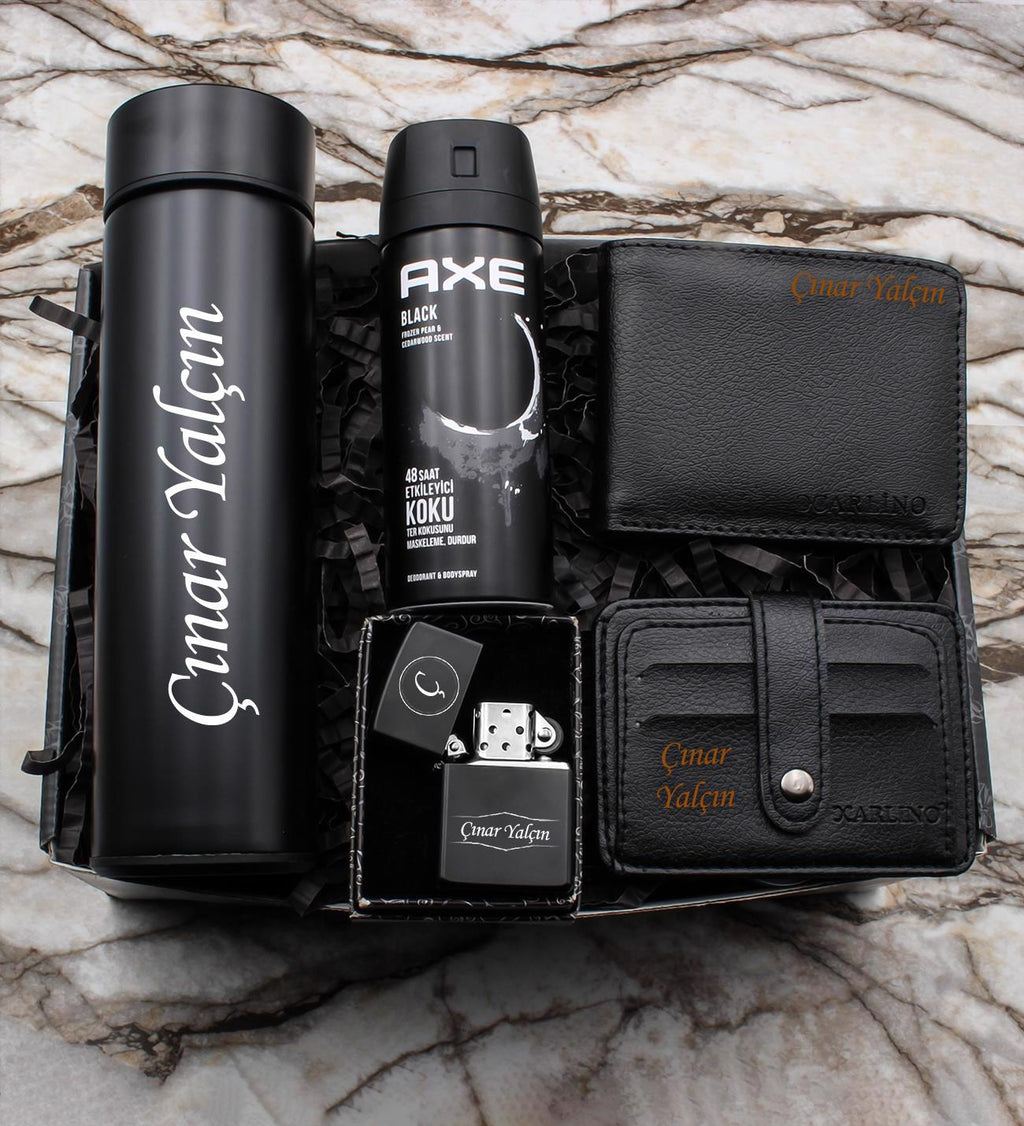 Kişiye Özel Erkek Hediye Seti – 450 ml Dereceli Termos, Axe Black Deodorant, Cüzdan, Kartlık ve Benzinli Çakmak