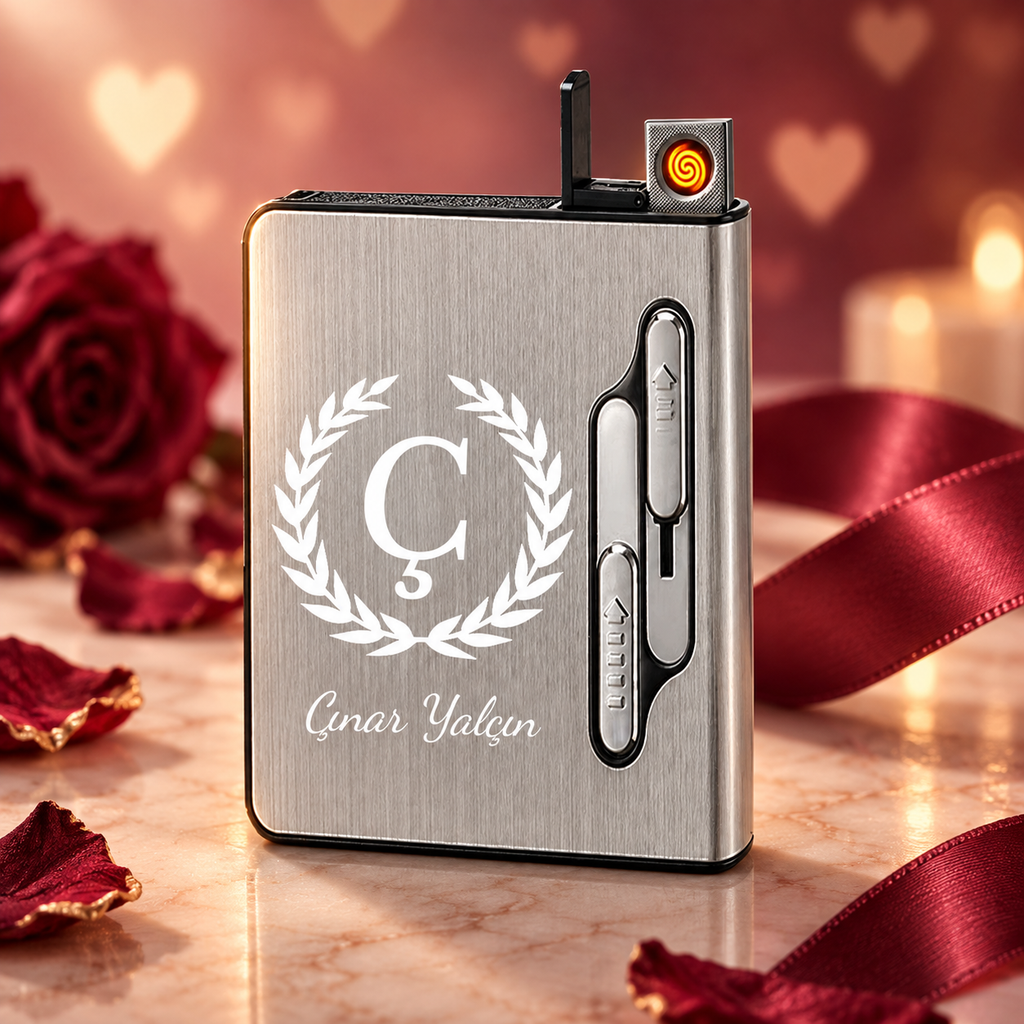 Kişiye Özel USB Şarjlı Çakmaklı Sigara Tabakası – Lazer İsim Baskılı Metal Tabaka