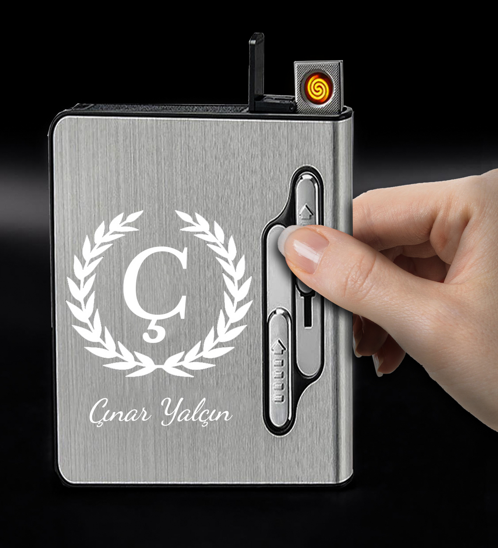 Kişiye Özel USB Şarjlı Çakmaklı Sigara Tabakası – Lazer İsim Baskılı Metal Tabaka