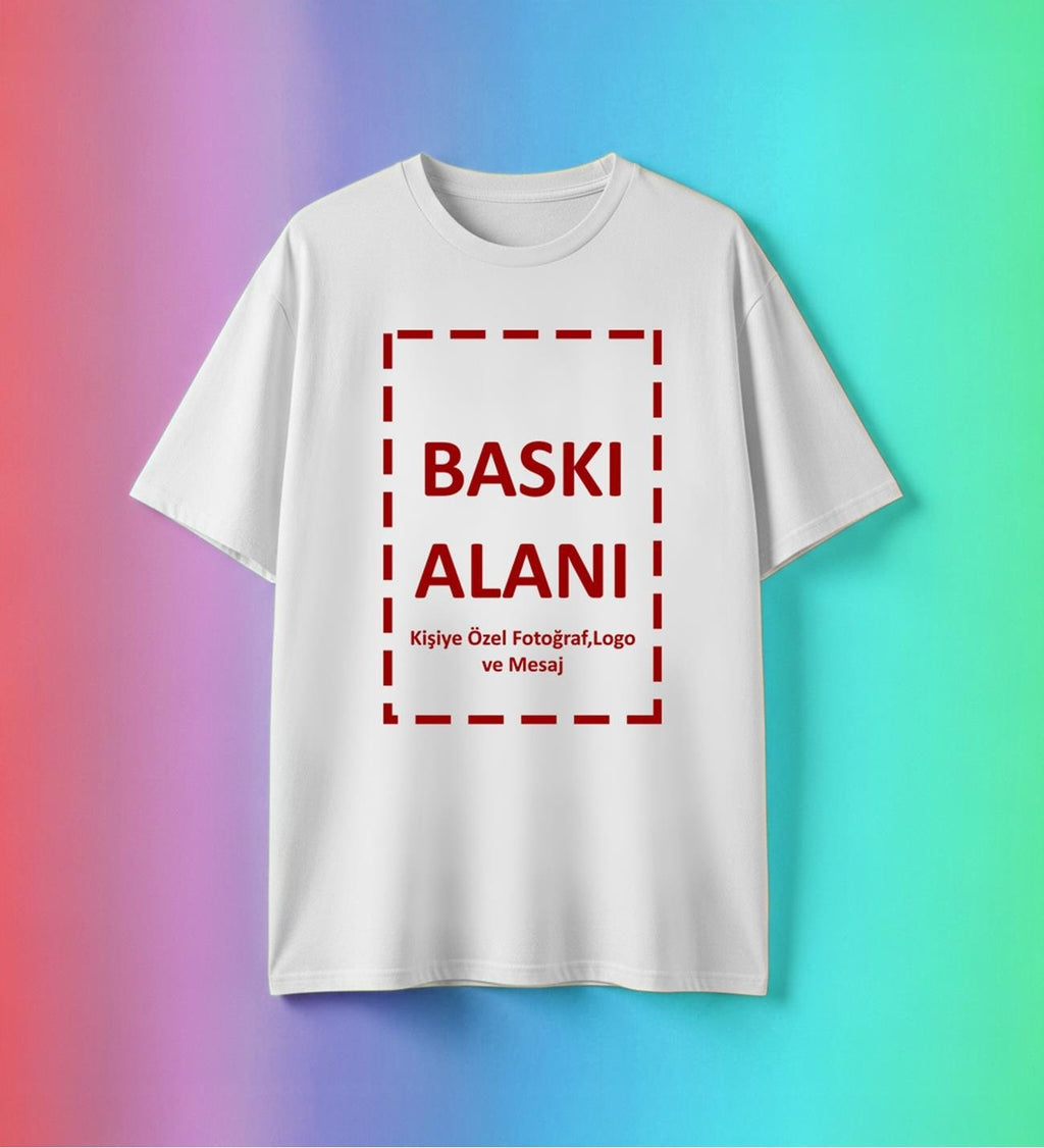 Kişiye Özel Fotoğraf ve Mesaj Baskılı Beyaz Unisex Oversize Tişört Bol Kalıp Tişört Kendin Tasarla