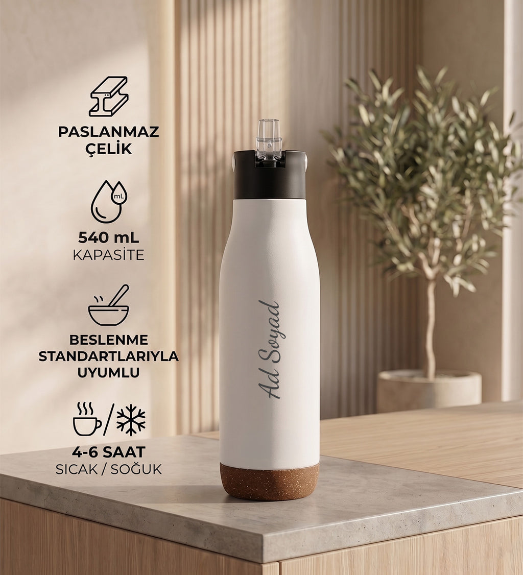 Kişiye Özel İsim Baskılı Doğal Taban Detaylı Hediyelik Paslanmaz Çelik Termos 540 ml