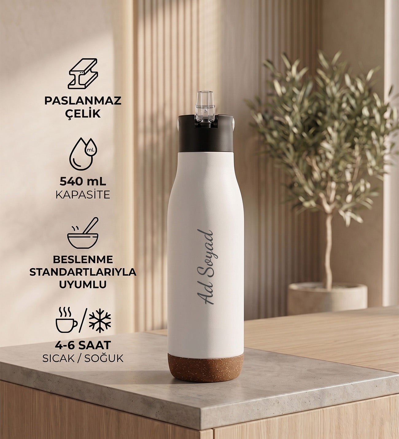 Kişiye Özel İsim Baskılı Doğal Taban Detaylı Hediyelik Paslanmaz Çelik Termos 540 ml