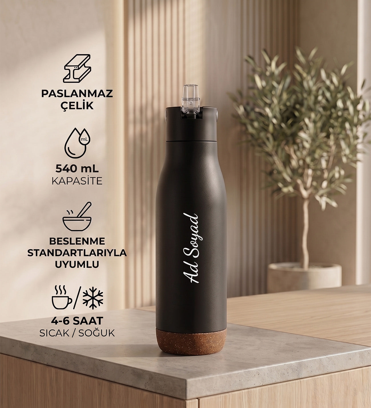 Kişiye Özel İsim Baskılı Doğal Taban Detaylı Hediyelik Paslanmaz Çelik Termos 540 ml