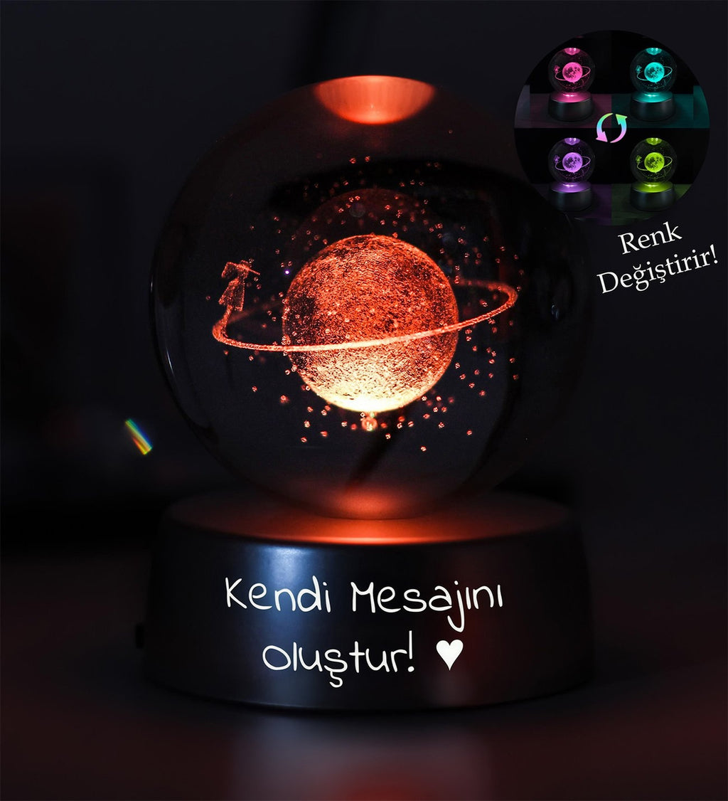Kişiye Özel 3D Satürn Kız Galaksi Temalı Renk Değiştiren Işıklı Kristal Küre Gece Lambası Sevgiliye Hediye