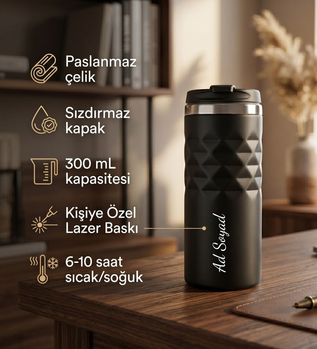 Sevgiliye Kişiye Özel Kahve Molası Geometrik Termos Hediye Seti
