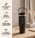 Kişiye Özel Black Office 900 ml Siyah Pipetli Büyük Termos Bardak Hediye Seti