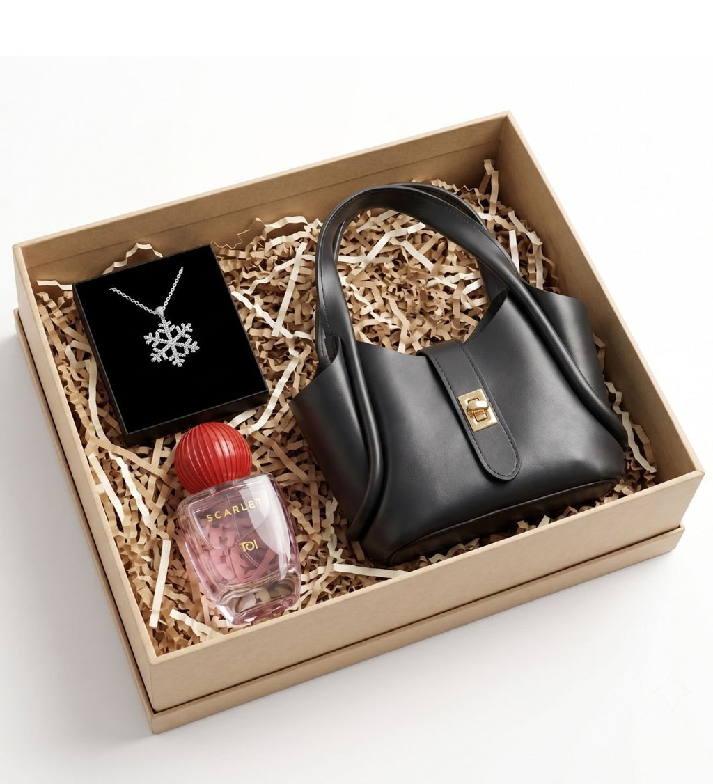 Zamansız Zarafet Hediye Seti (Kadın Çanta & Rebul Scarlet EDP 50 ml & Kar Tanesi Kolye)