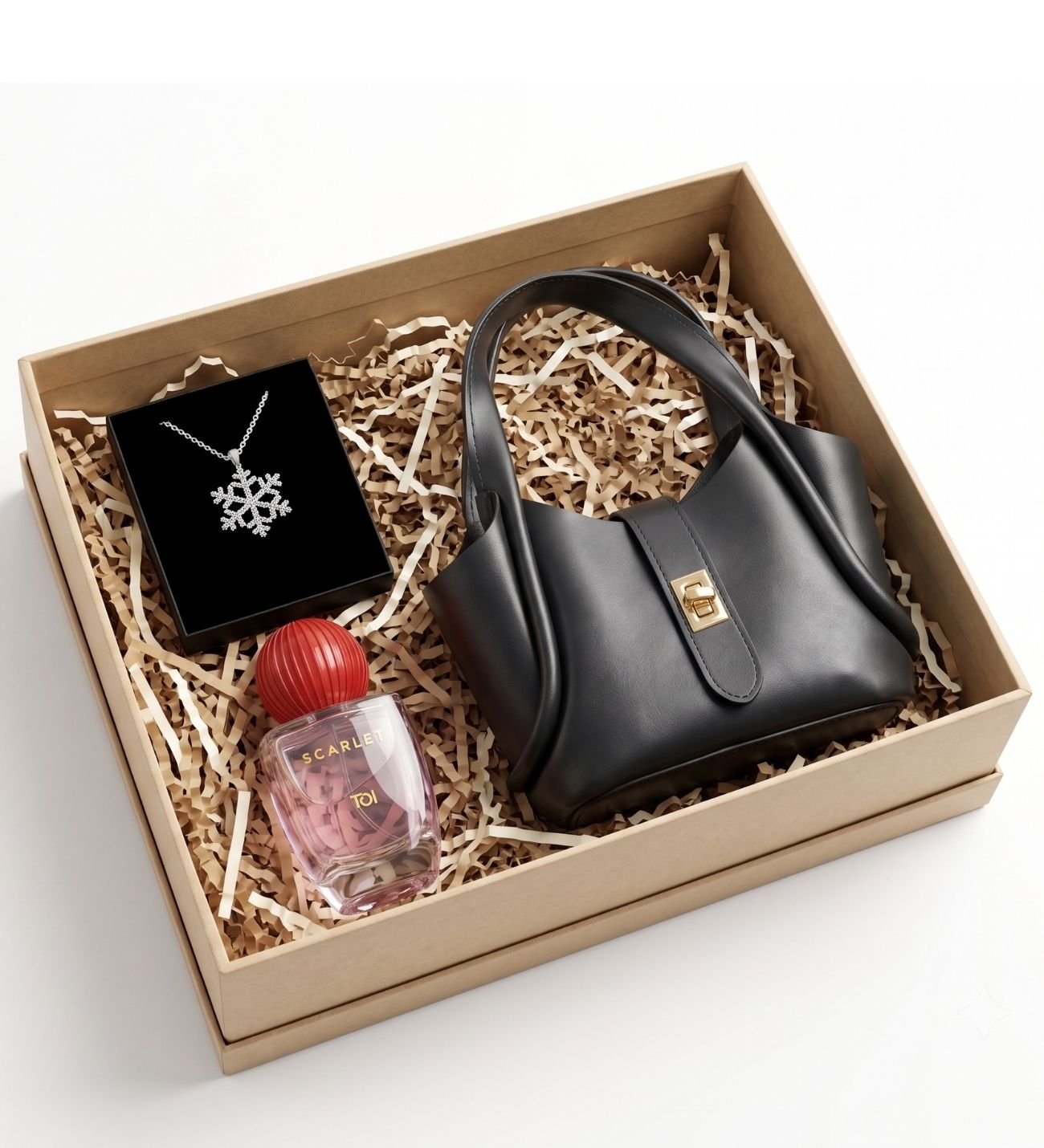 Zamansız Zarafet Hediye Seti (Kadın Çanta & Rebul Scarlet EDP 50 ml & Kar Tanesi Kolye)